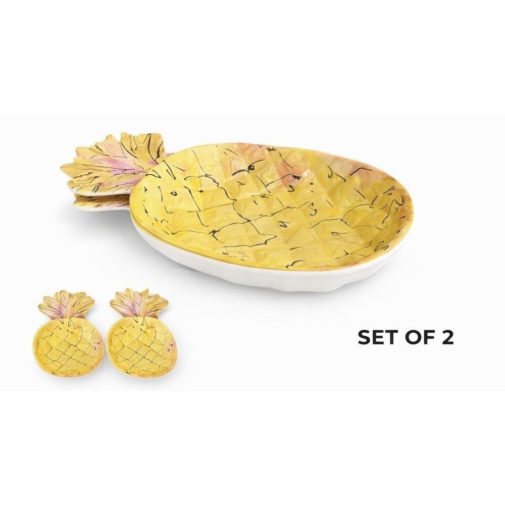 Outdoor Collection‎ Yellow & Pink Pineapple Shaped MELAMINE Dinner Bowls Set 2